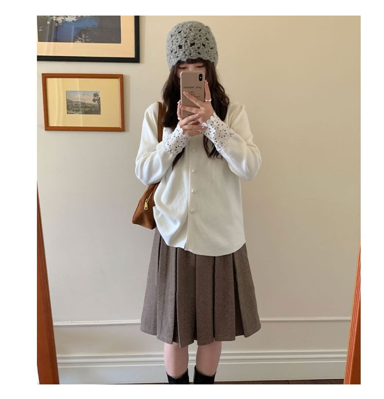 Collared Plain Lace Trim Button Up Cardigan