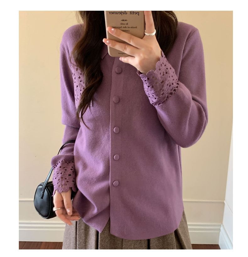 Collared Plain Lace Trim Button Up Cardigan