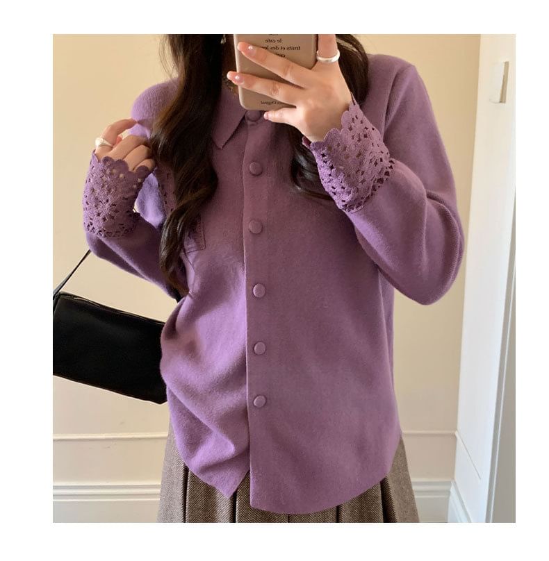 Collared Plain Lace Trim Button Up Cardigan