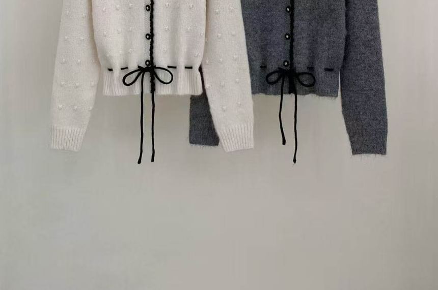 Contrast Trim Drawstring Button-Up Cardigan