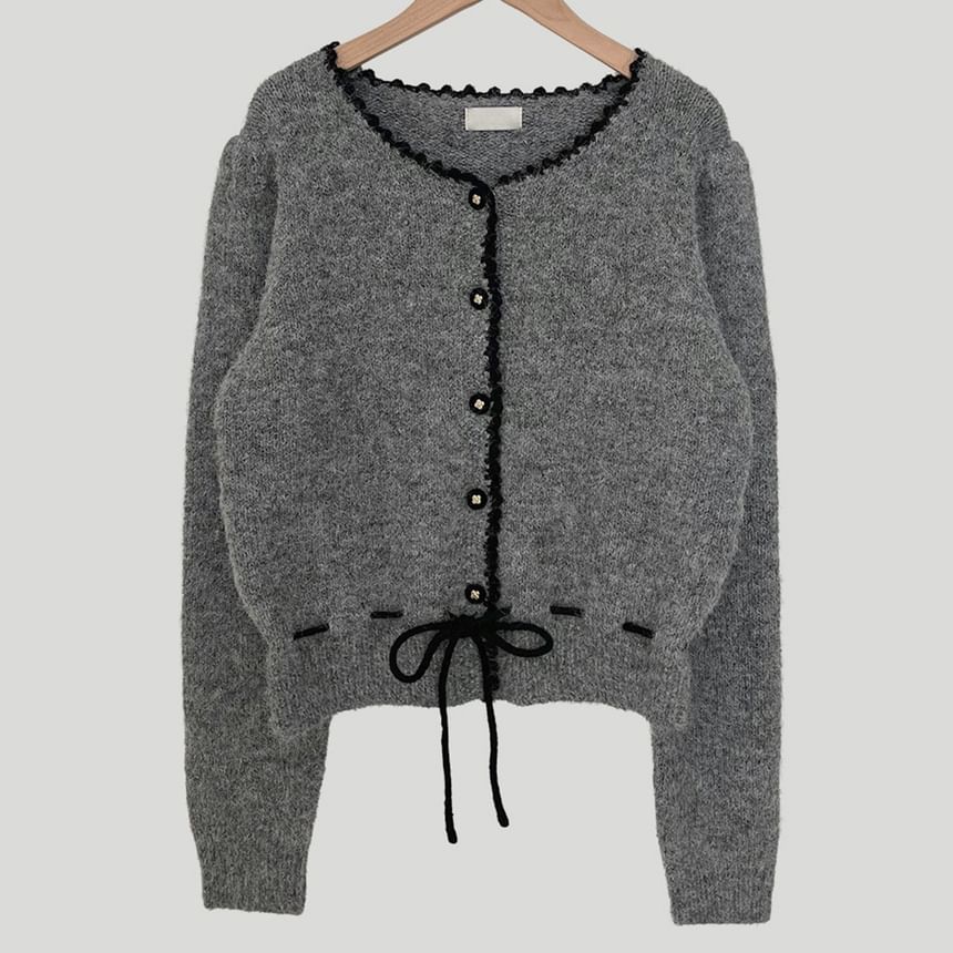 Contrast Trim Drawstring Button-Up Cardigan