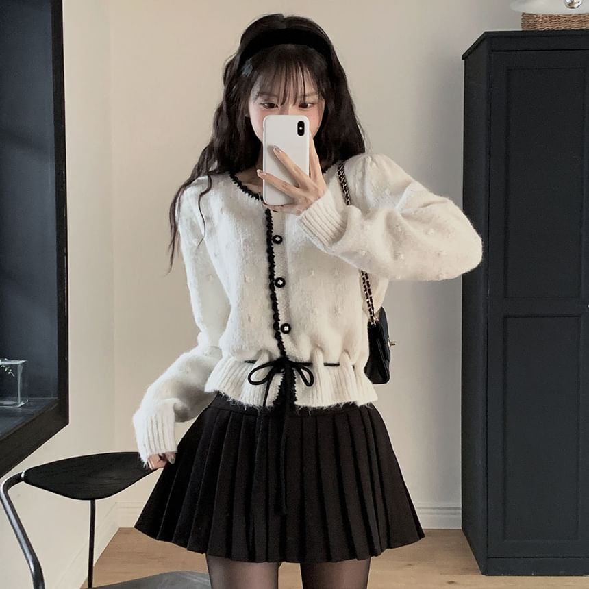 Contrast Trim Drawstring Button-Up Cardigan