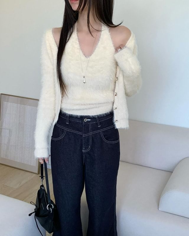 Set: V-Neck Fluffy Button-Up Plain Cardigan + Halter Neck Top