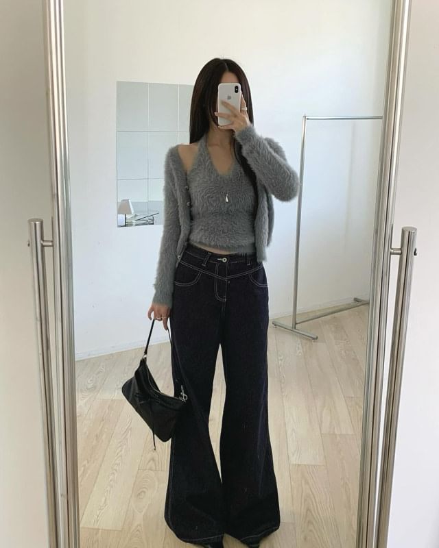 Set: V-Neck Fluffy Button-Up Plain Cardigan + Halter Neck Top