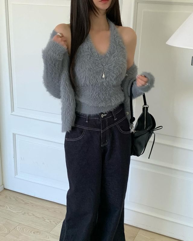 Set: V-Neck Fluffy Button-Up Plain Cardigan + Halter Neck Top