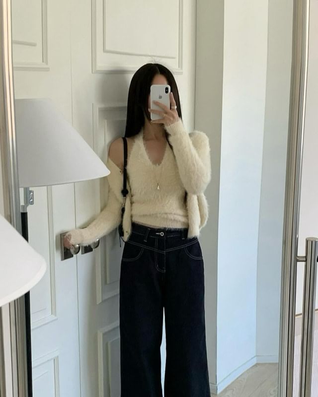 Set: V-Neck Fluffy Button-Up Plain Cardigan + Halter Neck Top