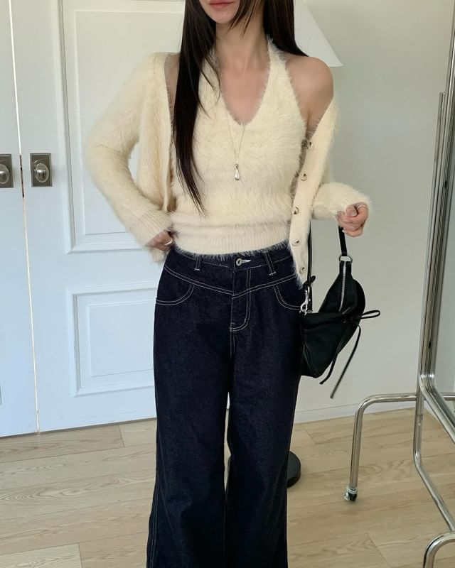 Set: V-Neck Fluffy Button-Up Plain Cardigan + Halter Neck Top