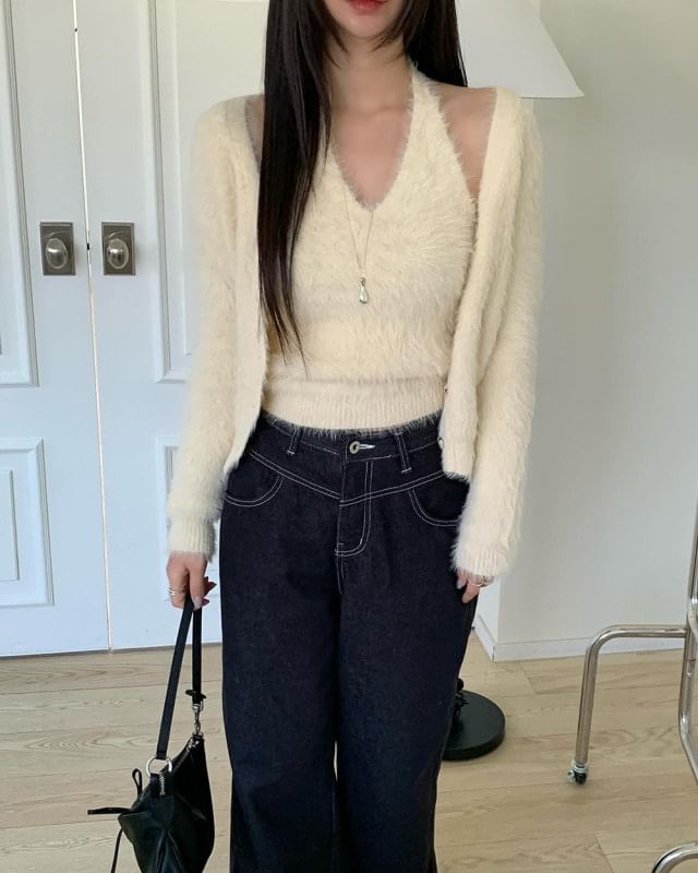 Set: V-Neck Fluffy Button-Up Plain Cardigan + Halter Neck Top