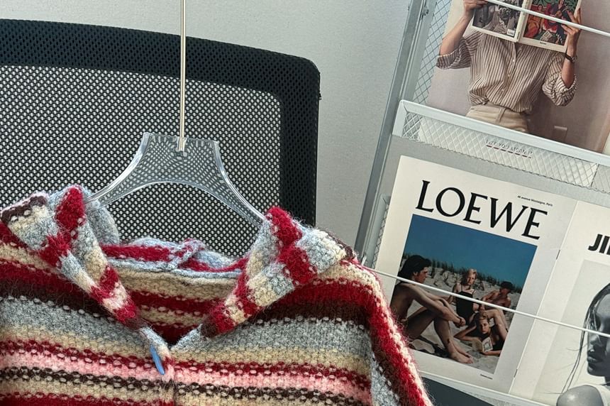Striped Hooded Button-Up Cardigan
