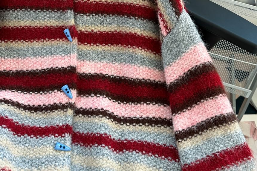 Striped Hooded Button-Up Cardigan