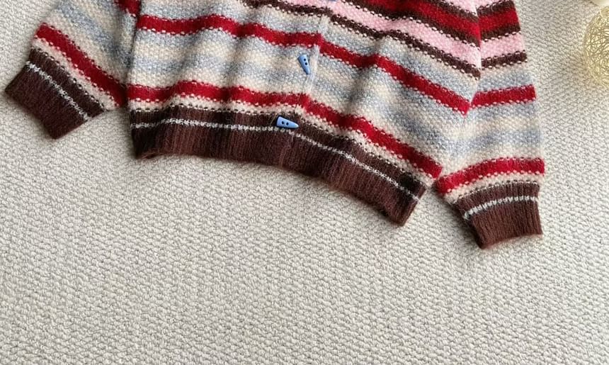 Striped Hooded Button-Up Cardigan