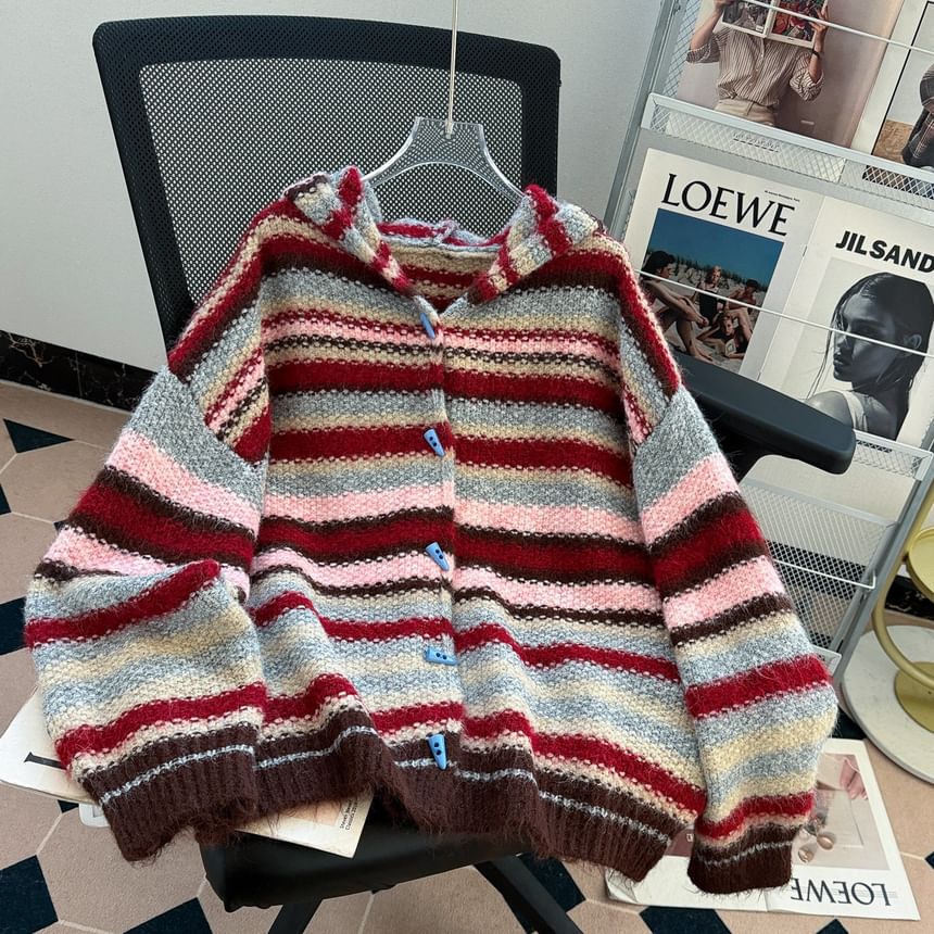 Striped Hooded Button-Up Cardigan