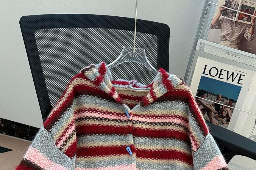 Striped Hooded Button-Up Cardigan
