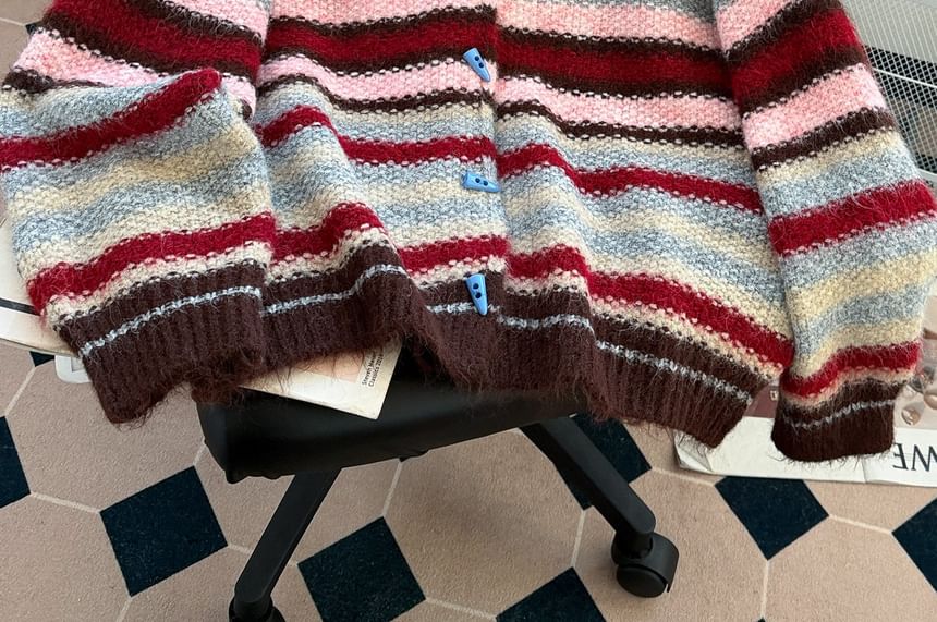 Striped Hooded Button-Up Cardigan