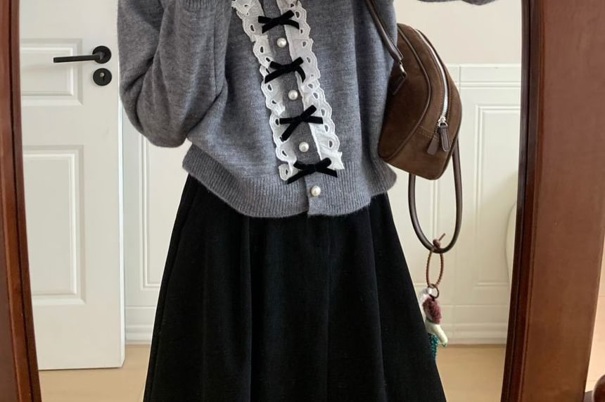 V-Neck Eyelet Lace Trim Faux Pearl Button-Up Cardigan
