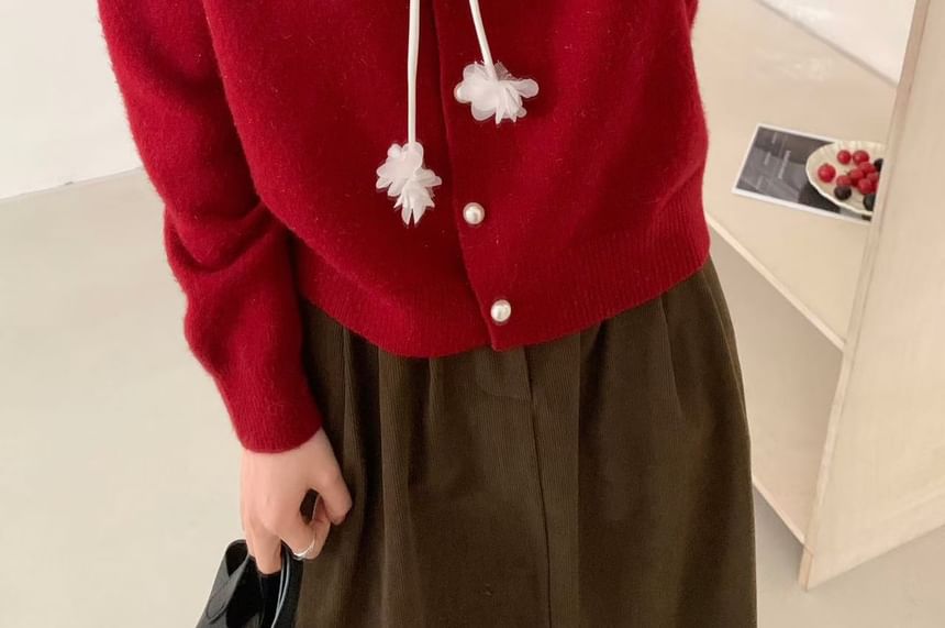 Mesh Ruffle Faux Pearl Button-Up Cardigan