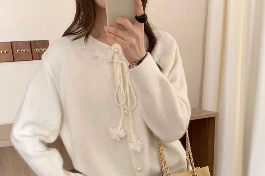 Mesh Ruffle Faux Pearl Button-Up Cardigan