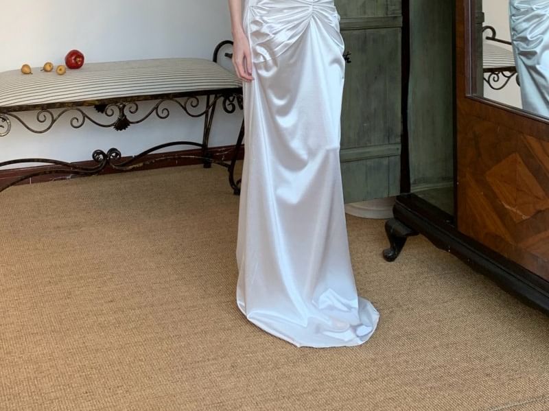 Elbow-Sleeve Sweetheart Neckline Satin Maxi A-Line Dress