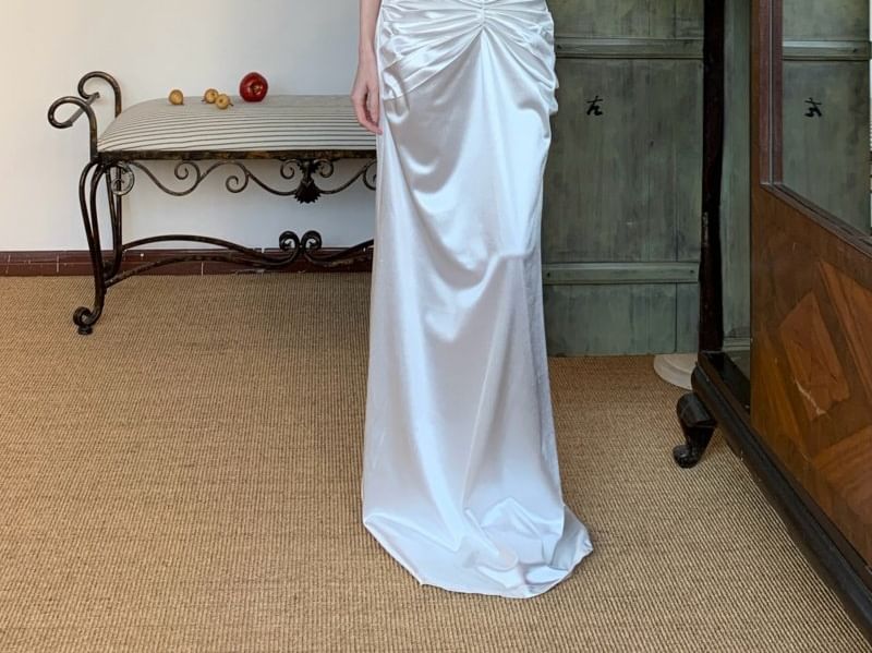 Elbow-Sleeve Sweetheart Neckline Satin Maxi A-Line Dress