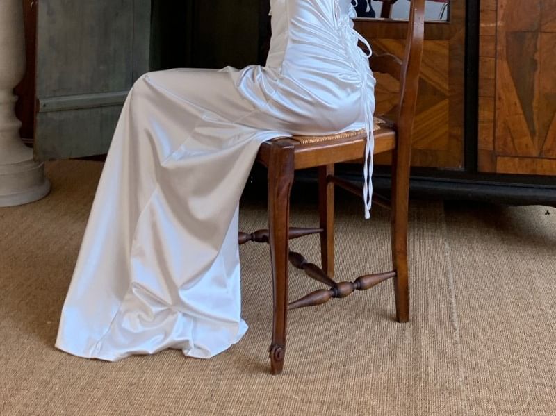 Elbow-Sleeve Sweetheart Neckline Satin Maxi A-Line Dress