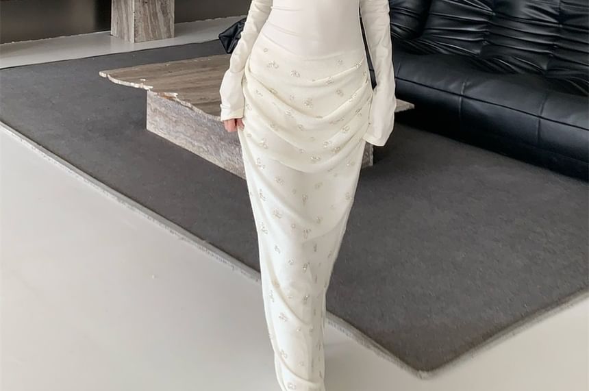 Long-Sleeve V-Neck Knit Maxi Sheath Dress