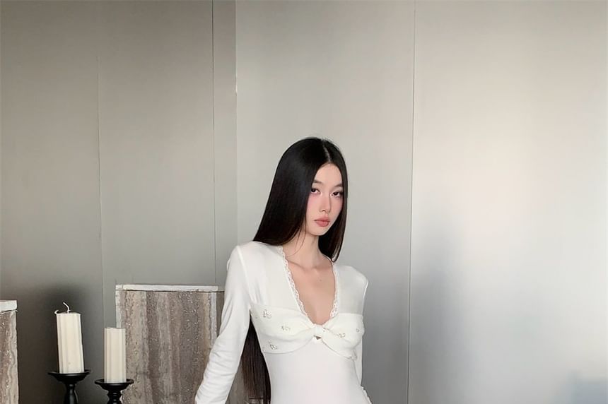 Long-Sleeve V-Neck Knit Maxi Sheath Dress