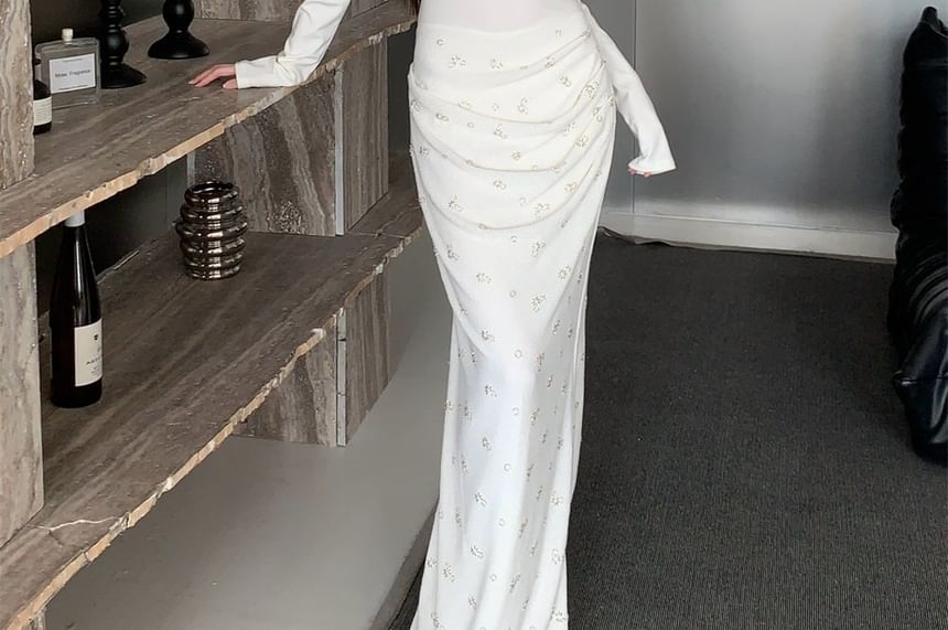 Long-Sleeve V-Neck Knit Maxi Sheath Dress