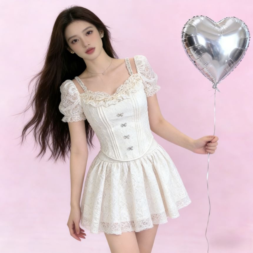 Scoop Neck Blouse with Cutout and Lace Trim + Mini A-Line Skirt Set