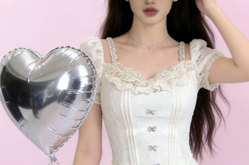 Scoop Neck Blouse with Cutout and Lace Trim + Mini A-Line Skirt Set
