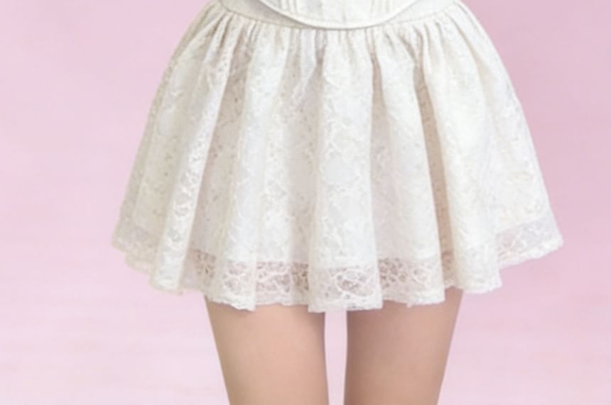 Scoop Neck Blouse with Cutout and Lace Trim + Mini A-Line Skirt Set