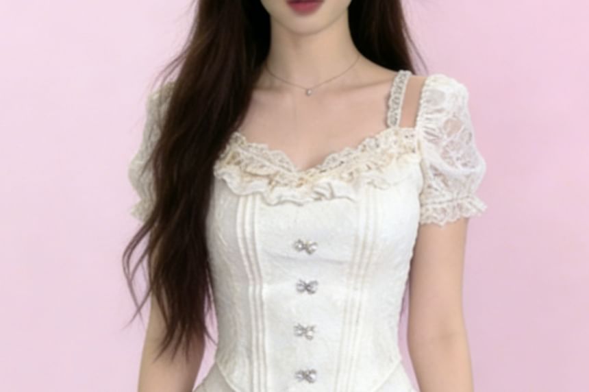 Scoop Neck Blouse with Cutout and Lace Trim + Mini A-Line Skirt Set