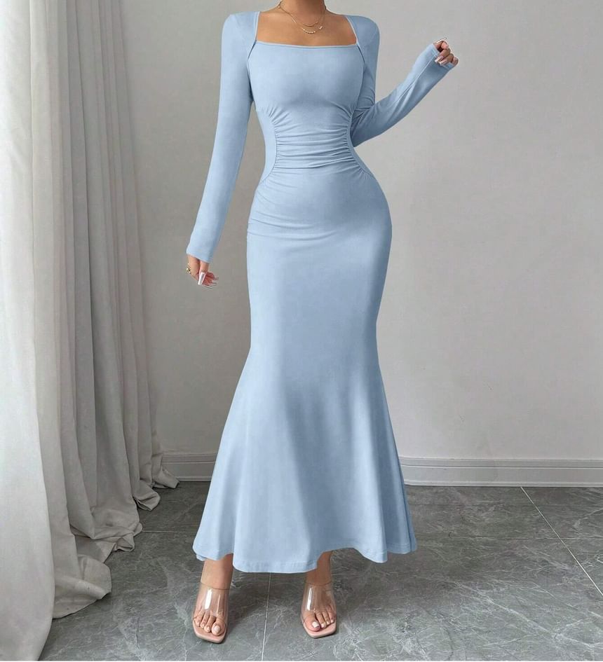 Long-Sleeve Square Neck Plain Ruched Maxi Mermaid Dress