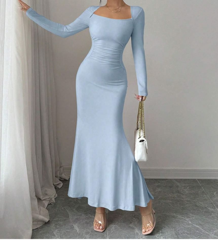 Long-Sleeve Square Neck Plain Ruched Maxi Mermaid Dress