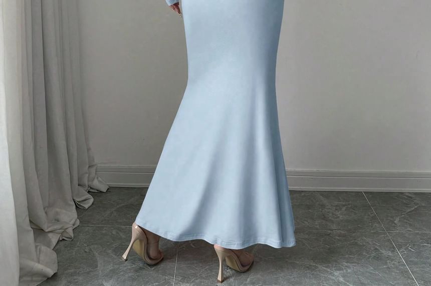 Long-Sleeve Square Neck Plain Ruched Maxi Mermaid Dress