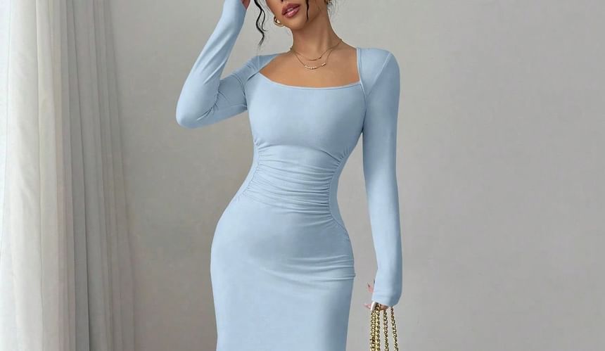Long-Sleeve Square Neck Plain Ruched Maxi Mermaid Dress