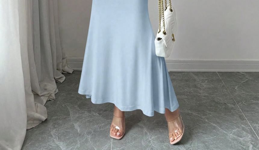 Long-Sleeve Square Neck Plain Ruched Maxi Mermaid Dress