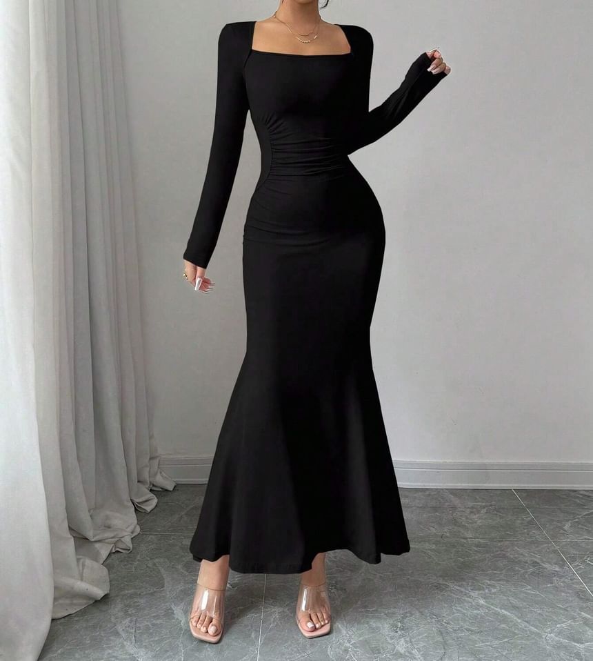 Long-Sleeve Square Neck Plain Ruched Maxi Mermaid Dress