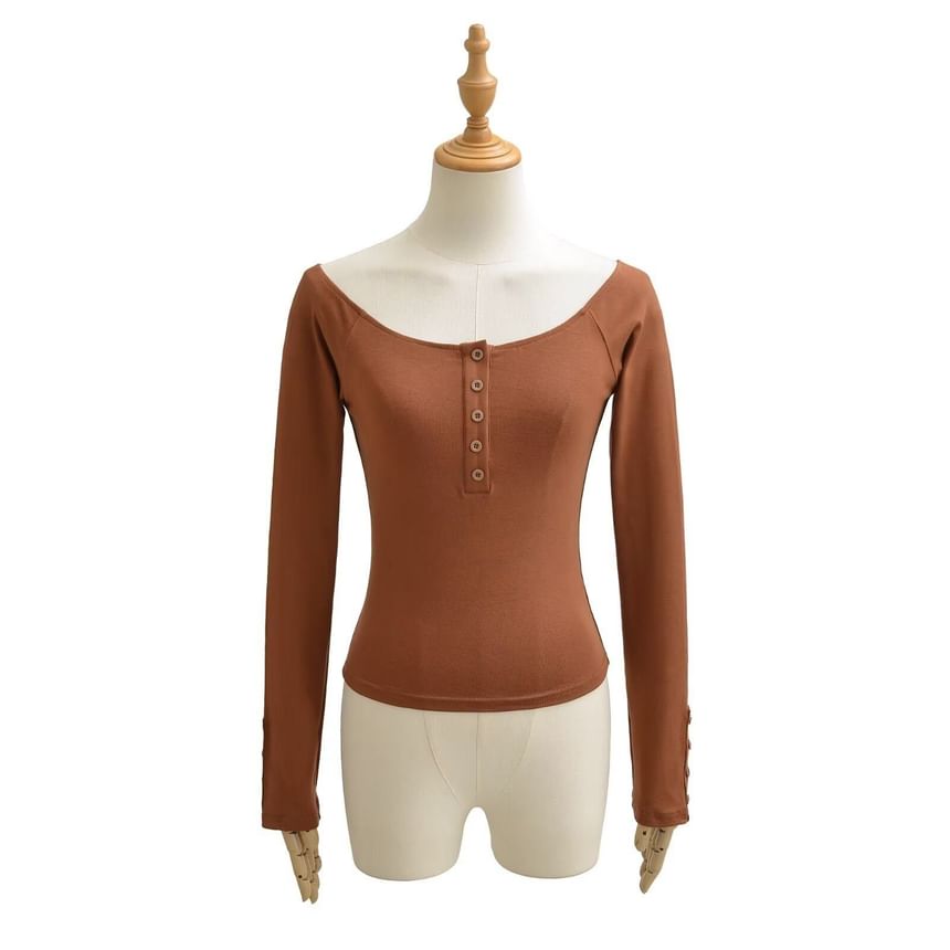 Henley Crop Tee with Boat Neck and Long Sleeves