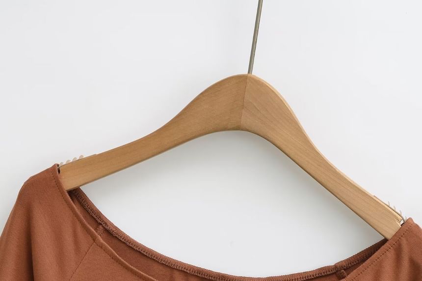 Henley Crop Tee with Boat Neck and Long Sleeves