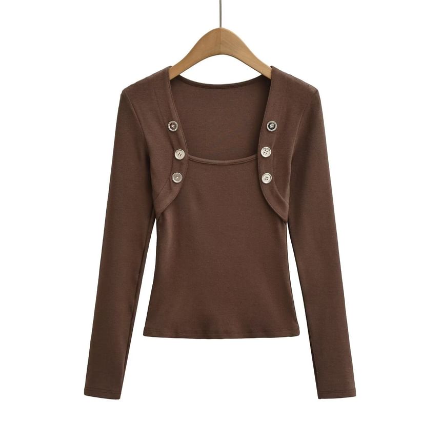 Square Neck Button Detail Tee with Long Sleeves