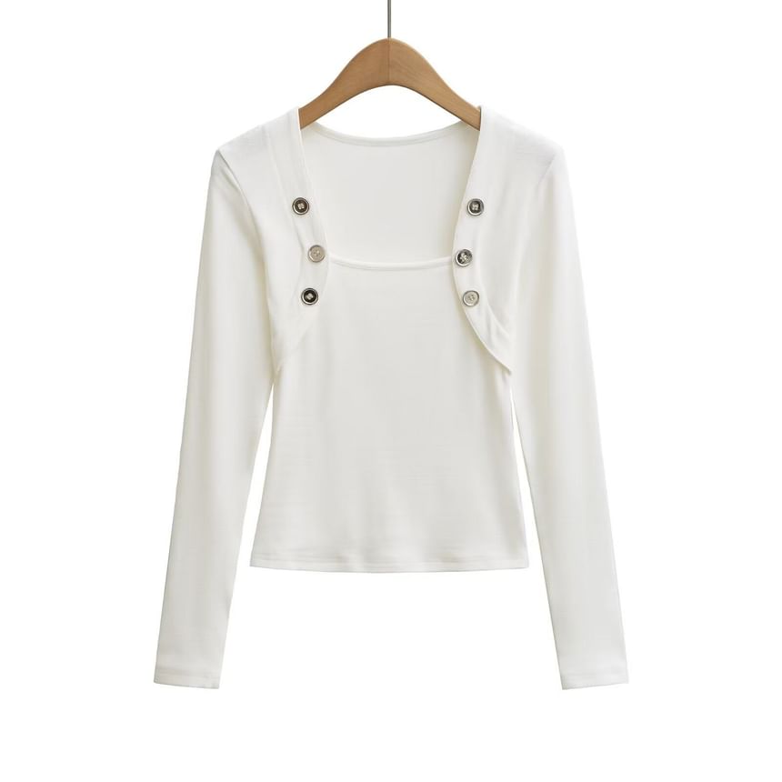 Square Neck Button Detail Tee with Long Sleeves