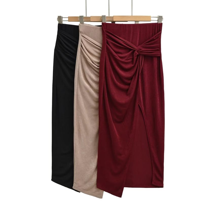 Knot Twisted Slit Midi Pencil Skirt High Waist