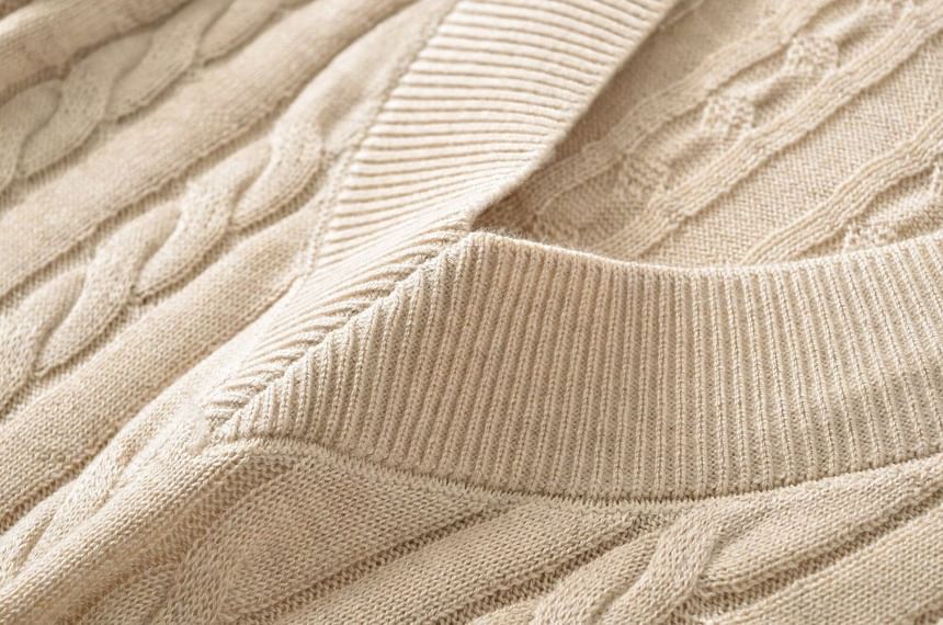 Cable Knit V-Neck Top with Elbow Sleeves