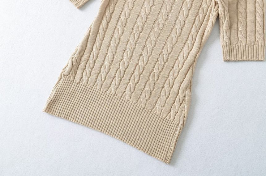 Cable Knit V-Neck Top with Elbow Sleeves