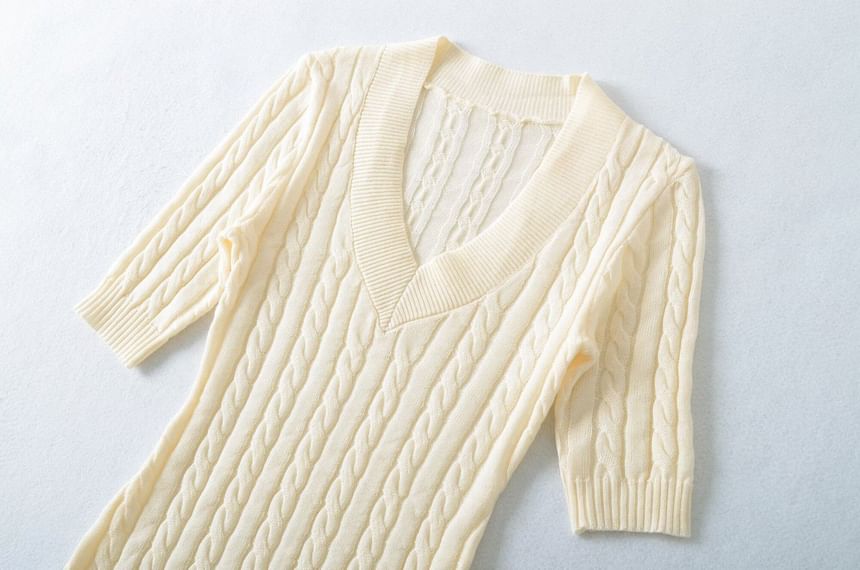 Cable Knit V-Neck Top with Elbow Sleeves