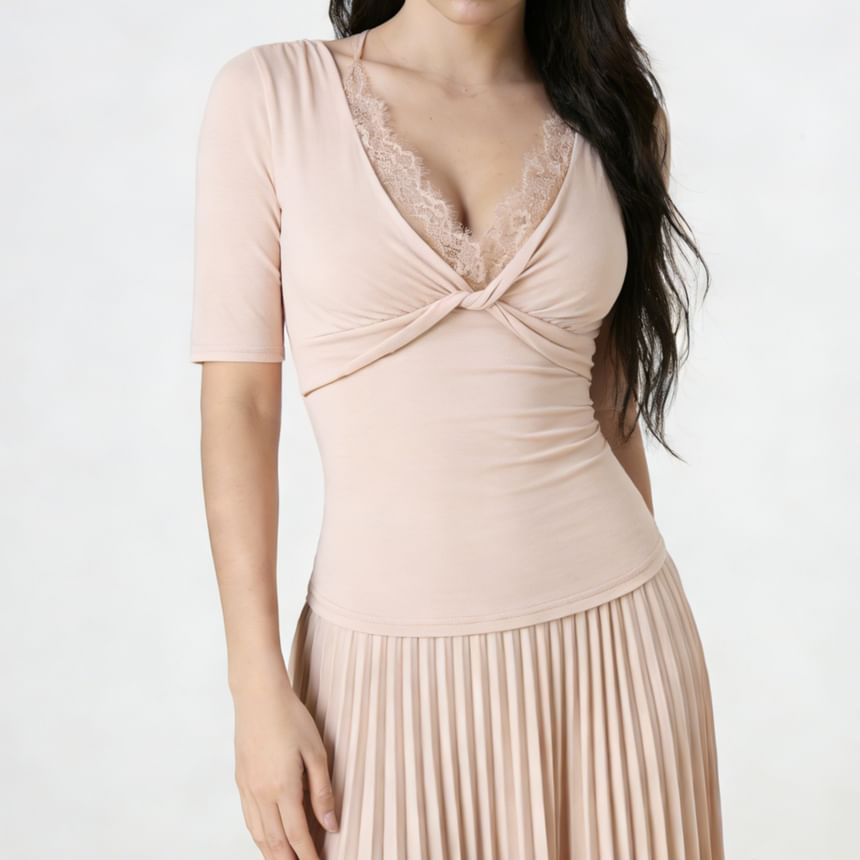 Twisted Lace Trim V-Neck Tee with Elbow Sleeves