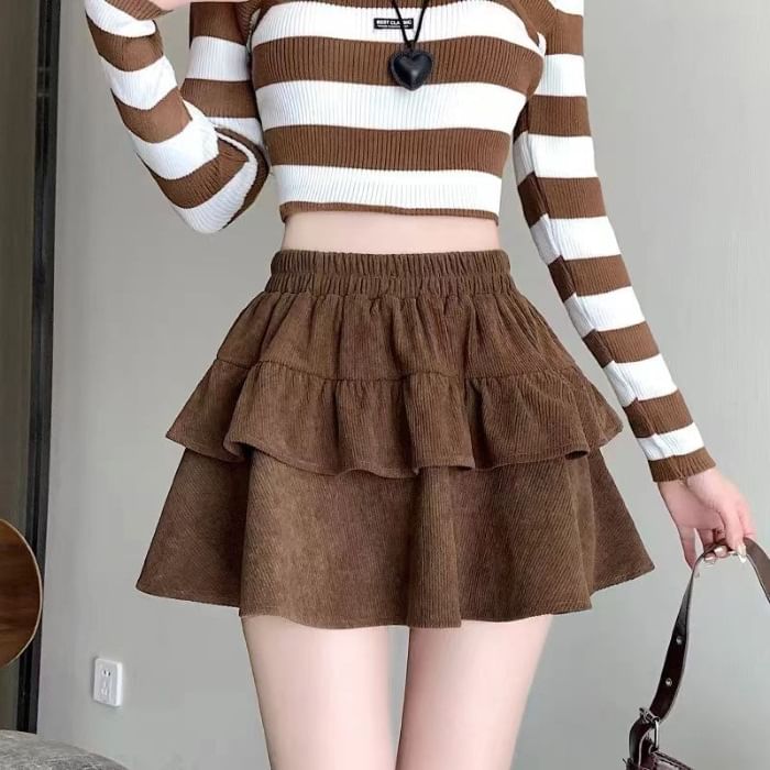 Corduroy Ruffle Trim Mini A-Line Skirt High Waist