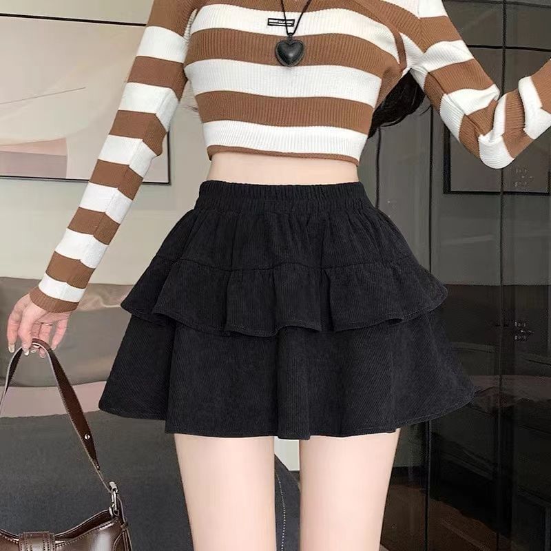 Corduroy Ruffle Trim Mini A-Line Skirt High Waist