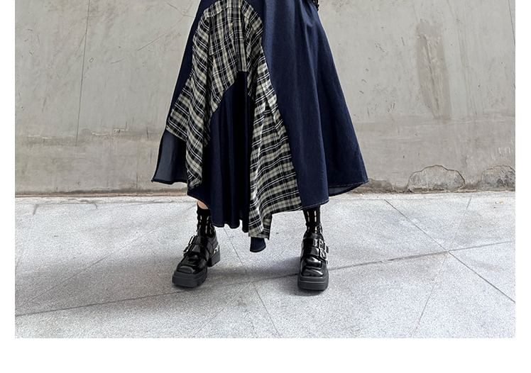 Asymmetric Plaid Maxi Skirt & Mock Neck Long-Sleeve Top