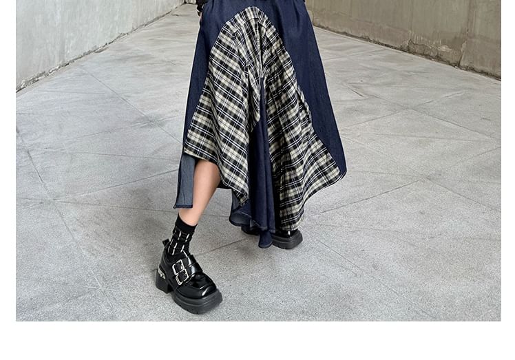 Mock Neck Top with Plaid Asymmetrical Maxi Skirt